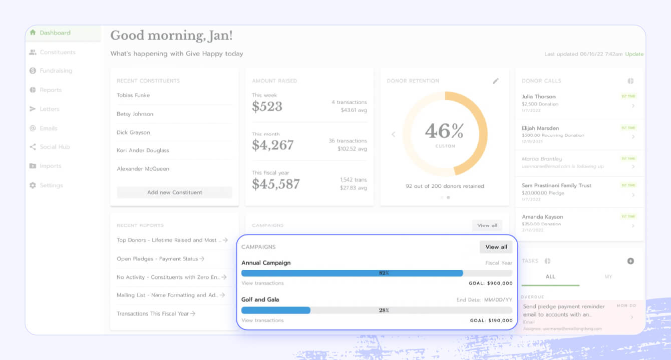 A screenshot of Bloomerang’s software, highlighting event management features like specific fundraising goals.