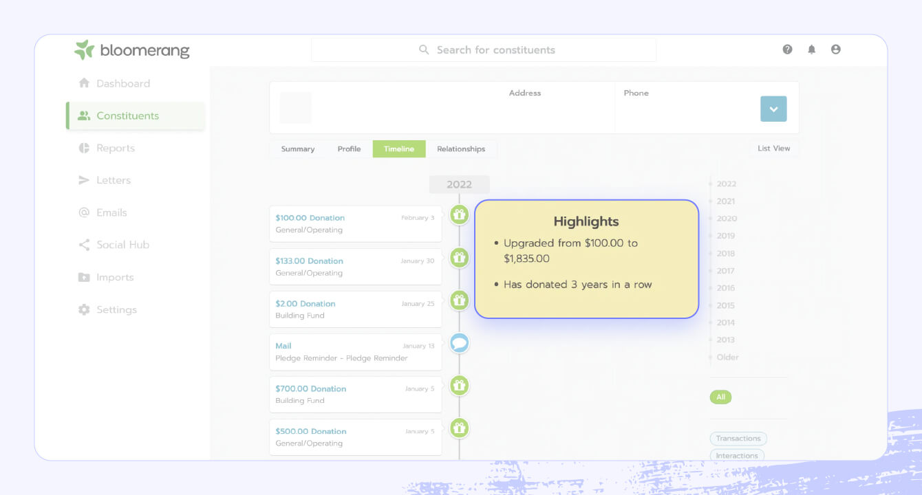 A screenshot of Bloomerang’s software highlighting some donation-specific features.