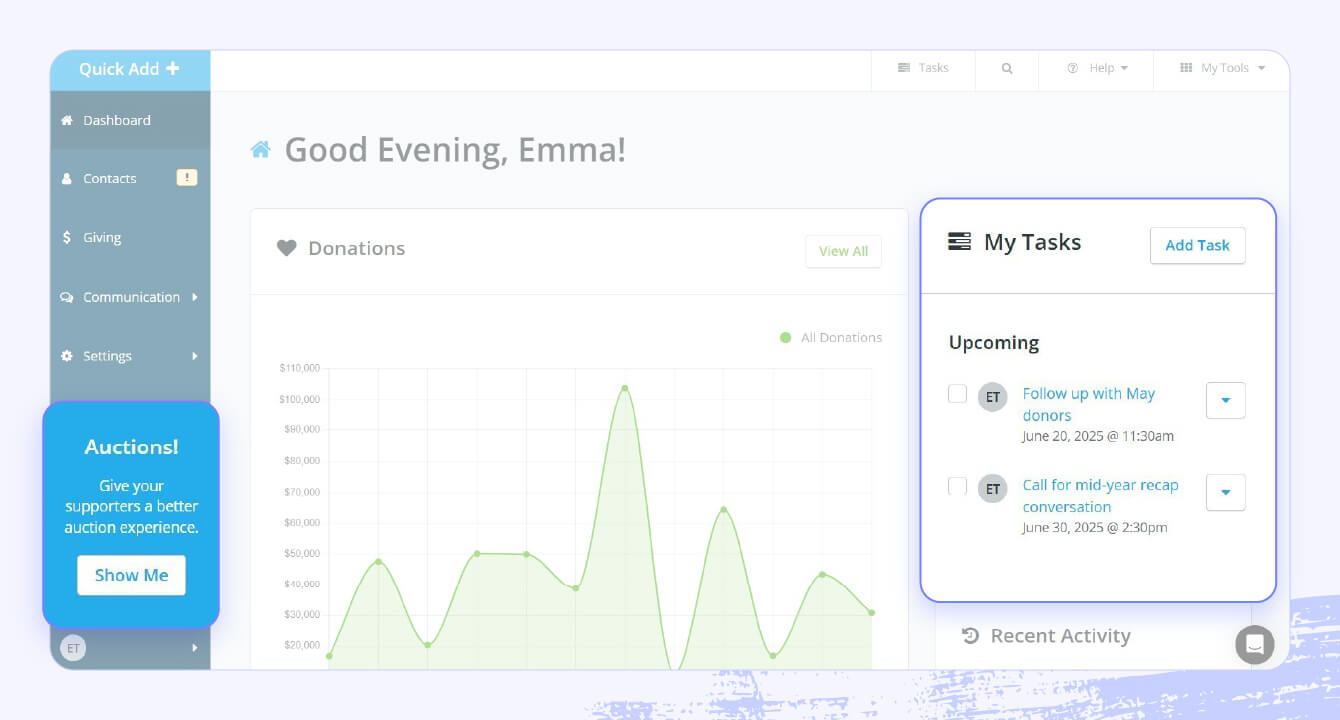 A screenshot of Bonterra Network for Good highlighting management functionalities and event tools.