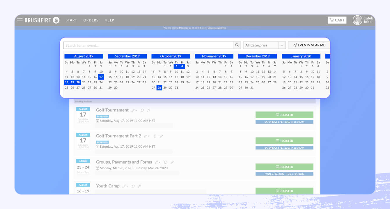 A screenshot of the Brushfire event management software highlighting the calendar view and registration options.