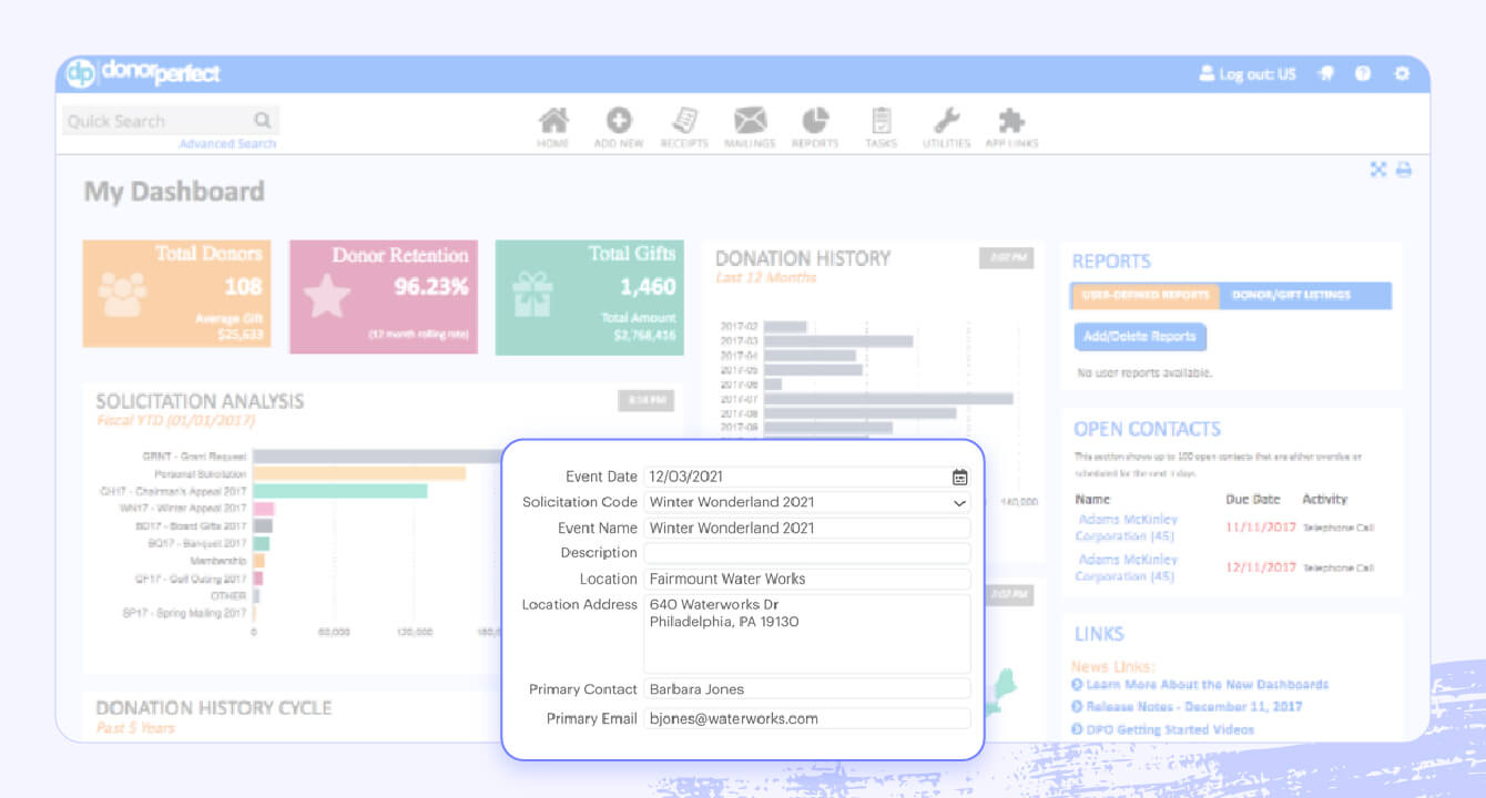 Screenshots of the DonorPerfect dashboard with an event creation pop-up.