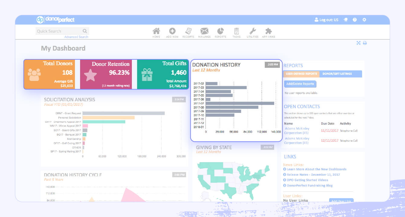 A screenshot of the DonorPerfect software highlighting donation-specific features.