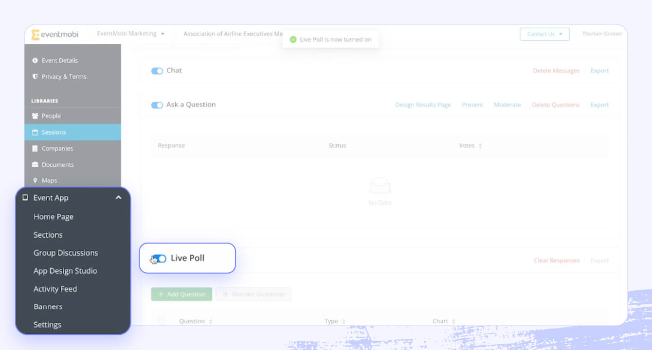 A screenshot of the EventMobi software highlight the event management options in the backend.