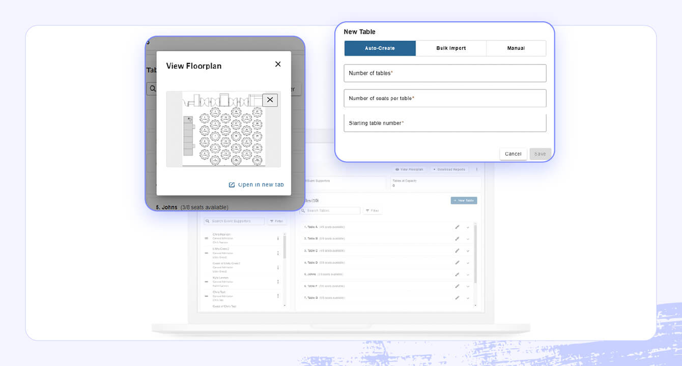A screenshot of the OneCause software highlighting ticketing and table management features.