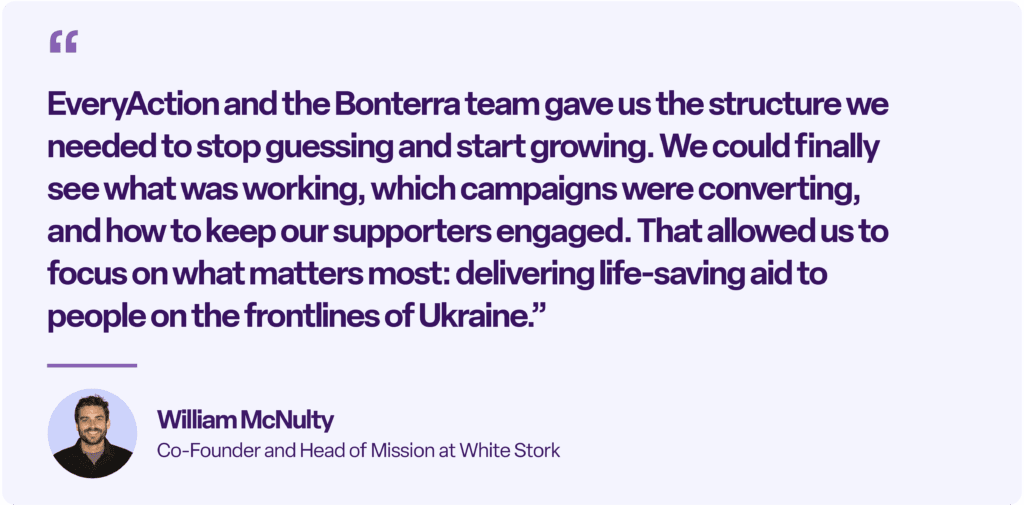 “EveryAction and the Bonterra team gave us the structure we needed to stop guessing and start growing. We could finally see what was working, which campaigns were converting, and how to keep our supporters engaged. That allowed us to focus on what matters most: delivering life-saving aid to people on the frontlines of Ukraine.”
William McNulty
Co-Founder and Head of Mission at White Stork