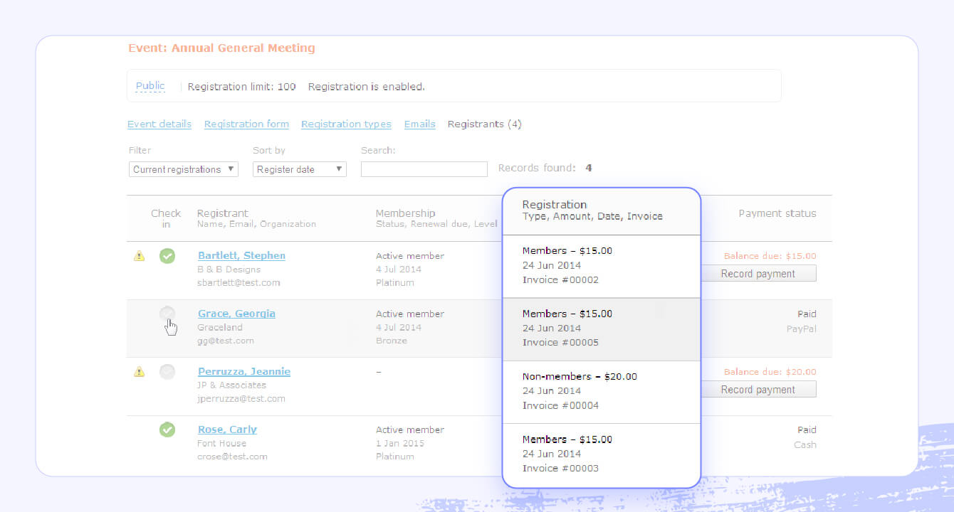 A screenshot of Wild Apricot’s software, highlighting member and event registration tracking.