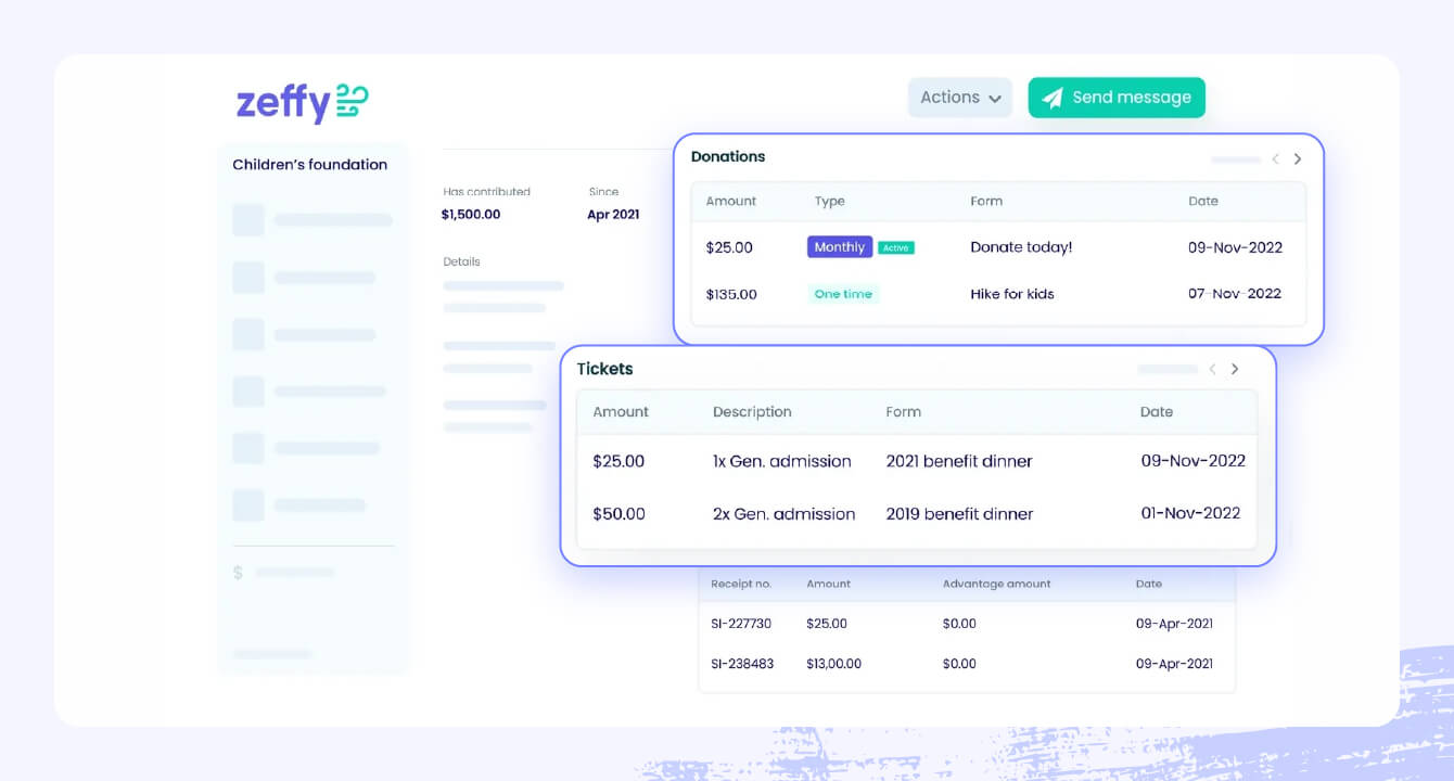 A screenshot of Zeffy’s software, highlighting member management and event tracking tools.