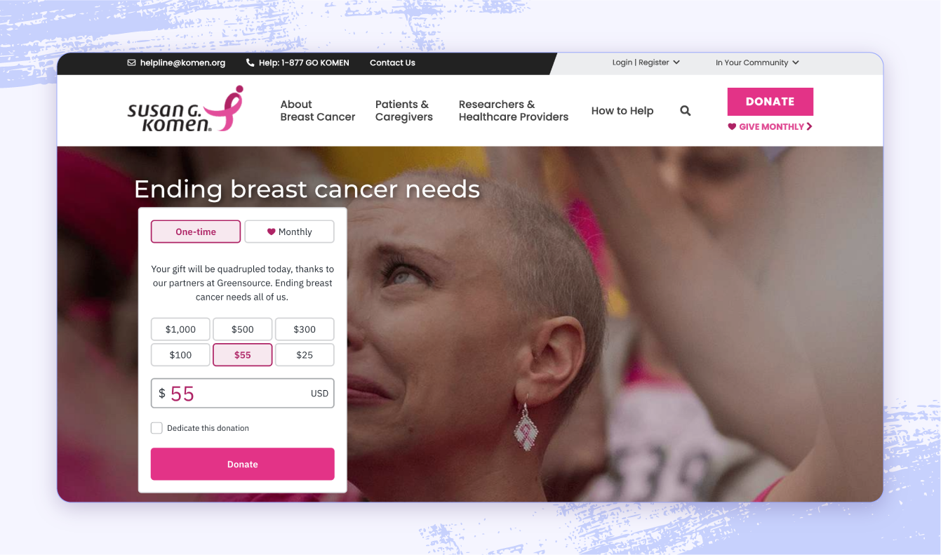 A screenshot of the Susan G. Komen website.