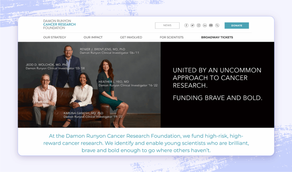 A screenshot of the Damon Runyon Cancer Research Foundation website.