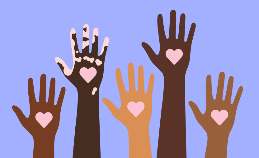 Illustration of raised hands of different skin tones, each with a heart symbol in the palm, against a light blue background.