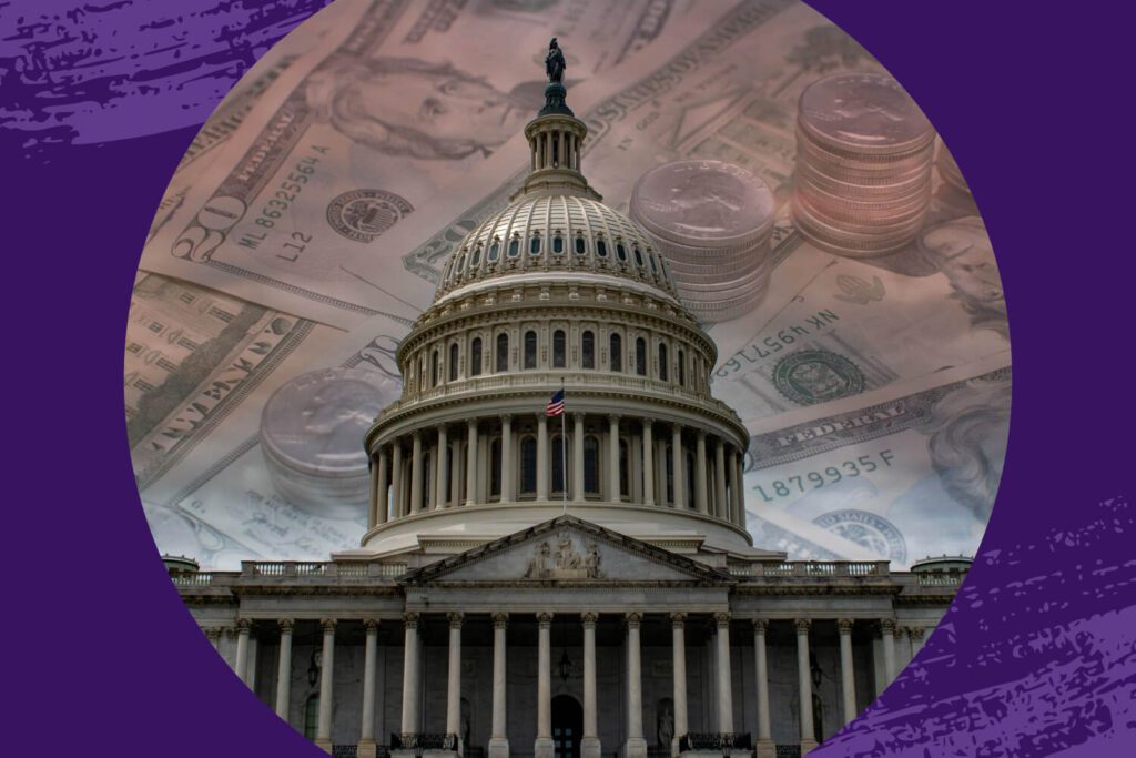 An image of the United States Capitol building with the dome prominently featured. Behind it, a faded overlay of U.S. currency, including dollar bills and stacked coins, symbolizes the connection between government and financial policy. The composition is framed by a circular border with a purple textured background.