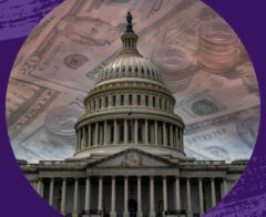 An image of the United States Capitol building with the dome prominently featured. Behind it, a faded overlay of U.S. currency, including dollar bills and stacked coins, symbolizes the connection between government and financial policy. The composition is framed by a circular border with a purple textured background.