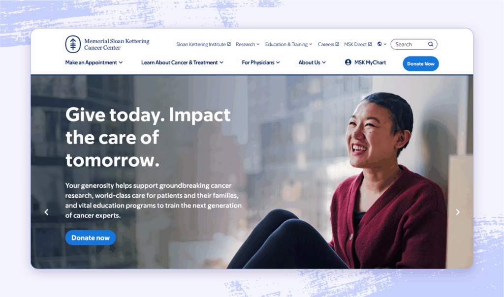 A screenshot of the Memorial Sloan Kettering Cancer Center website.