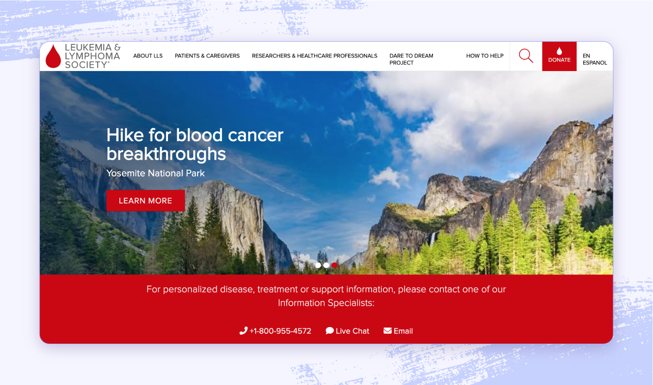 A screenshot of the Leukemia and Lymphoma Society website.