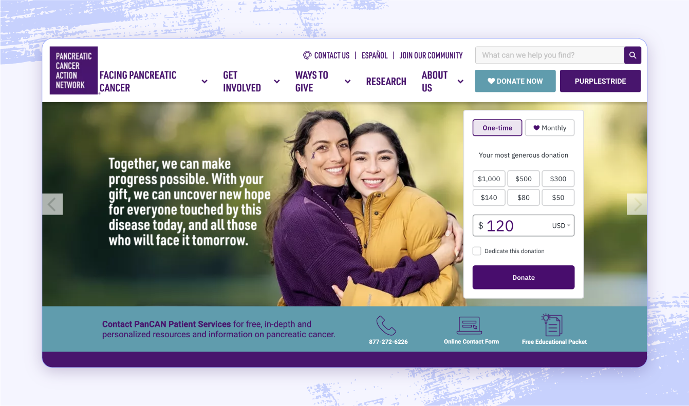 A screenshot of the Pancreatic Cancer Action Network website.