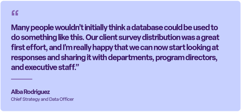 "Many people wouldn’t initially think a database could be used to do something like this. Our client survey distribution was a great first effort, and I’m really happy that we can now start looking at responses and sharing it with departments, program directors, and executive staff.” — Alba Rodriguez, Chief Strategy and Data Officer