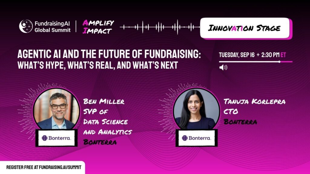 Promotion for the Innovation Stage at Fundraising.AI, featuring a presentation by Bonterra's Ben Miller and Tanuja Korlepra on September 16 at 2:30