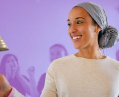 A photo of a person working with a cancer charity.