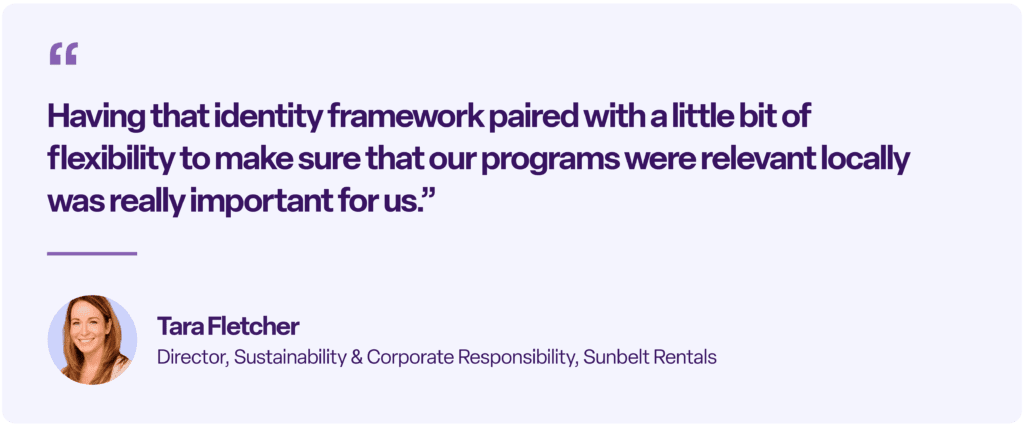 “Having that identity framework paired with a little bit of flexibility to make sure that our programs were relevant locally was really important for us.”
Tara Fletcher, Director, Sustainability & Corporate Responsibility, Sunbelt Rentals.