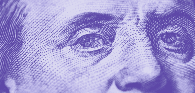 A close-up image of Benjamin Franklin with a purple overlay