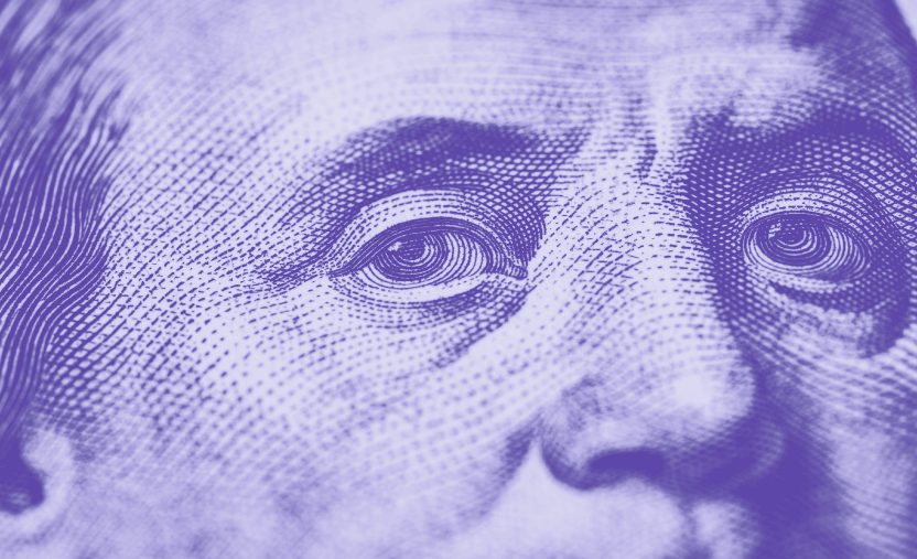 A close-up image of Benjamin Franklin with a purple overlay