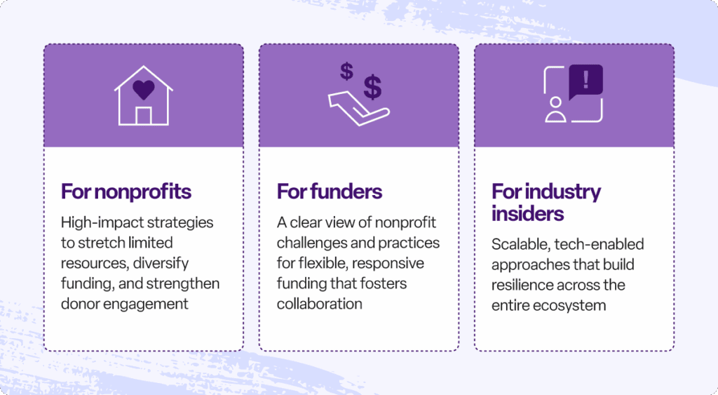 For nonprofits: High-impact strategies to stretch limited resources, diversify funding, and strengthen donor engagement For funders: A clear view of nonprofit challenges and practices for flexible, responsive funding that fosters collaboration For industry insiders: Scalable, tech-enabled approaches that build resilience across the entire ecosystem