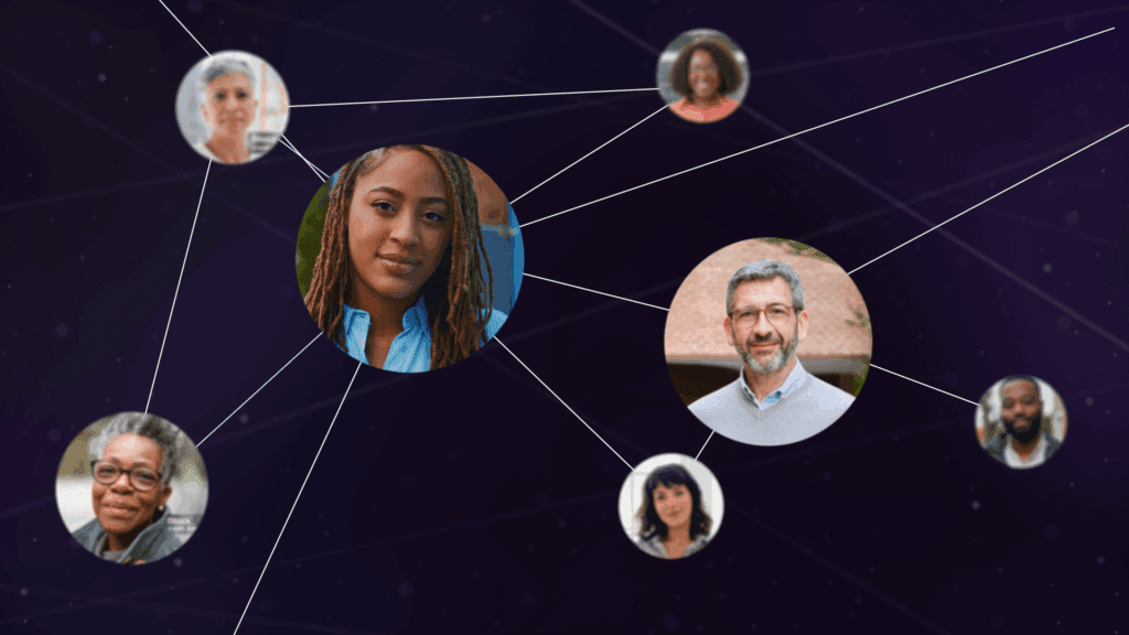 A graphic representation of a connected network on a dark background. Several circular profile images of diverse individuals are linked by white lines, symbolizing relationships and connections. Two larger circles in the center highlight a woman with braided hair and a man with glasses and a beard.