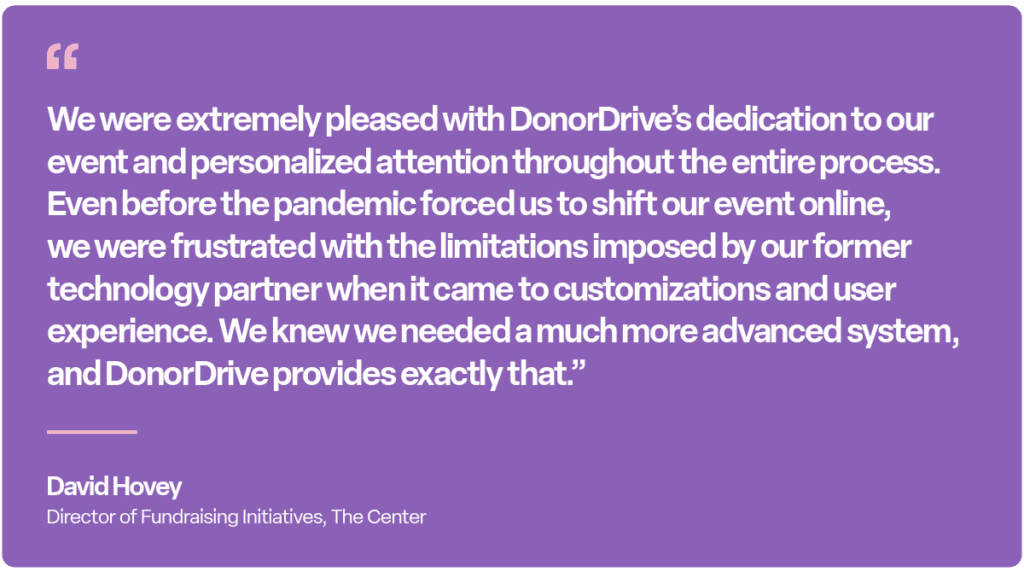 “We were extremely pleased with DonorDrive’s dedication to our event and personalized attention throughout the entire process. Even before the pandemic forced us to shift our event online, we were frustrated with the limitations imposed by our former technology partner when it came to customizations and user experience. We knew we needed a much more advanced system, and DonorDrive provides exactly that.” — David Hovey, Director of Fundraising Initiatives, The Center