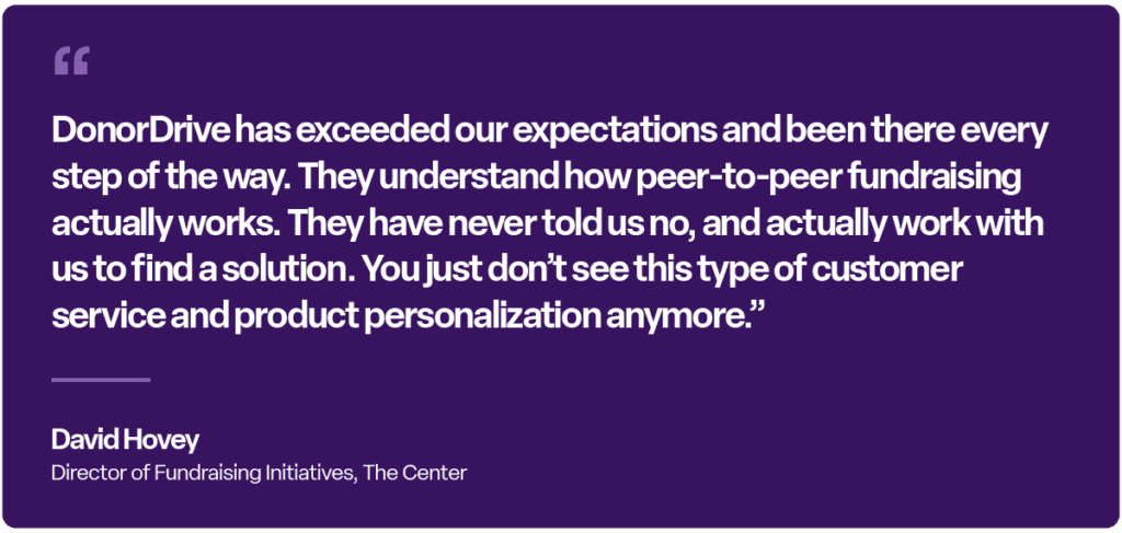 “DonorDrive has exceeded our expectations and been there every step of the way. They understand how peer-to-peer fundraising actually works. They have never told us no, and actually work with us to find a solution. You just don’t see this type of customer service and product personalization anymore.” — David Hovey, Director of Fundraising Initiatives, The Center