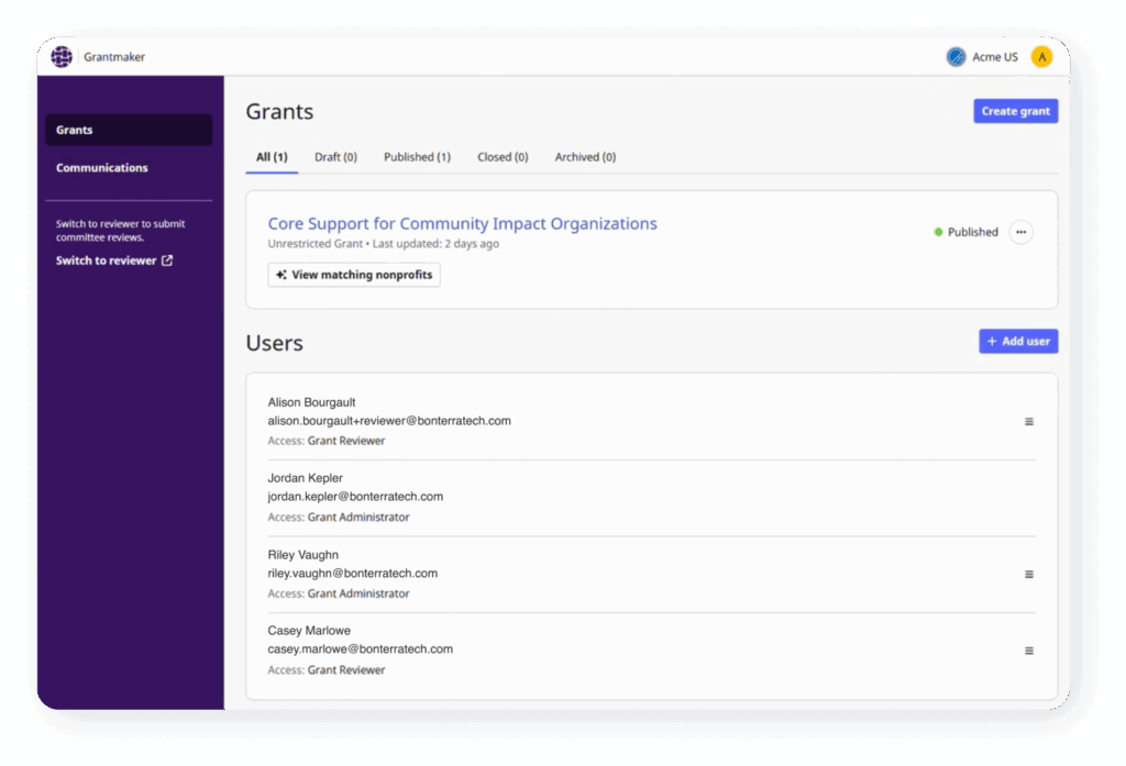 Grantmaker interface showing eligibility criteria for the ‘Empower Forward Community Fund,’ including cause area, population, tax status, and location, with ‘Powered by AI’ indicators—illustrating how AI supports grant setup by organizing requirements while keeping final decisions in human control.