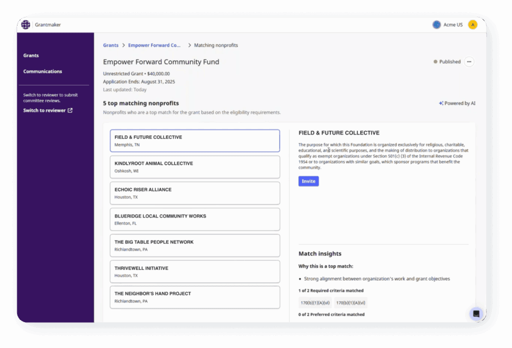 Grantmaker ‘Review & publish’ screen summarizing grant details such as eligibility, location, and award amount before publishing—demonstrating AI-assisted workflows that improve efficiency without removing transparency or oversight in grantmaking.