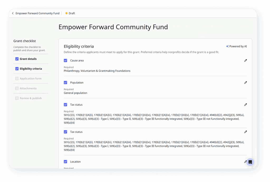 Grantmaker dashboard displaying a published grant alongside a list of users with reviewer and administrator access, highlighting that AI-enabled grantmaking tools are collaborative and governed by people, not automated decision-making alone.