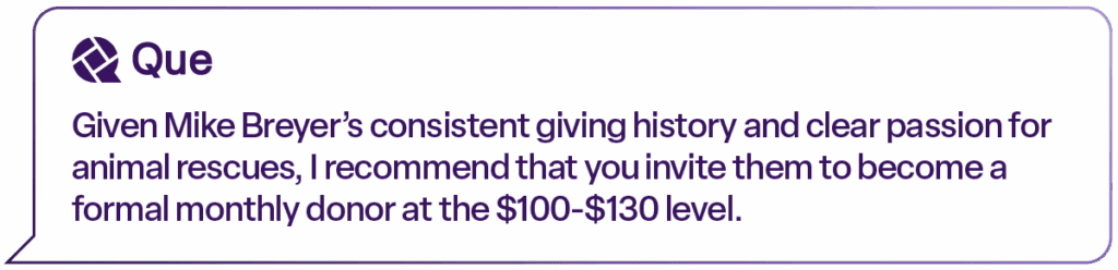 A Que chat bubble in purple with white text. Extracted text: “Given Mike Breyer’s consistent giving history and clear passion for animal rescues, I recommend that you invite them to become a formal monthly donor at the $100–$130 level.”