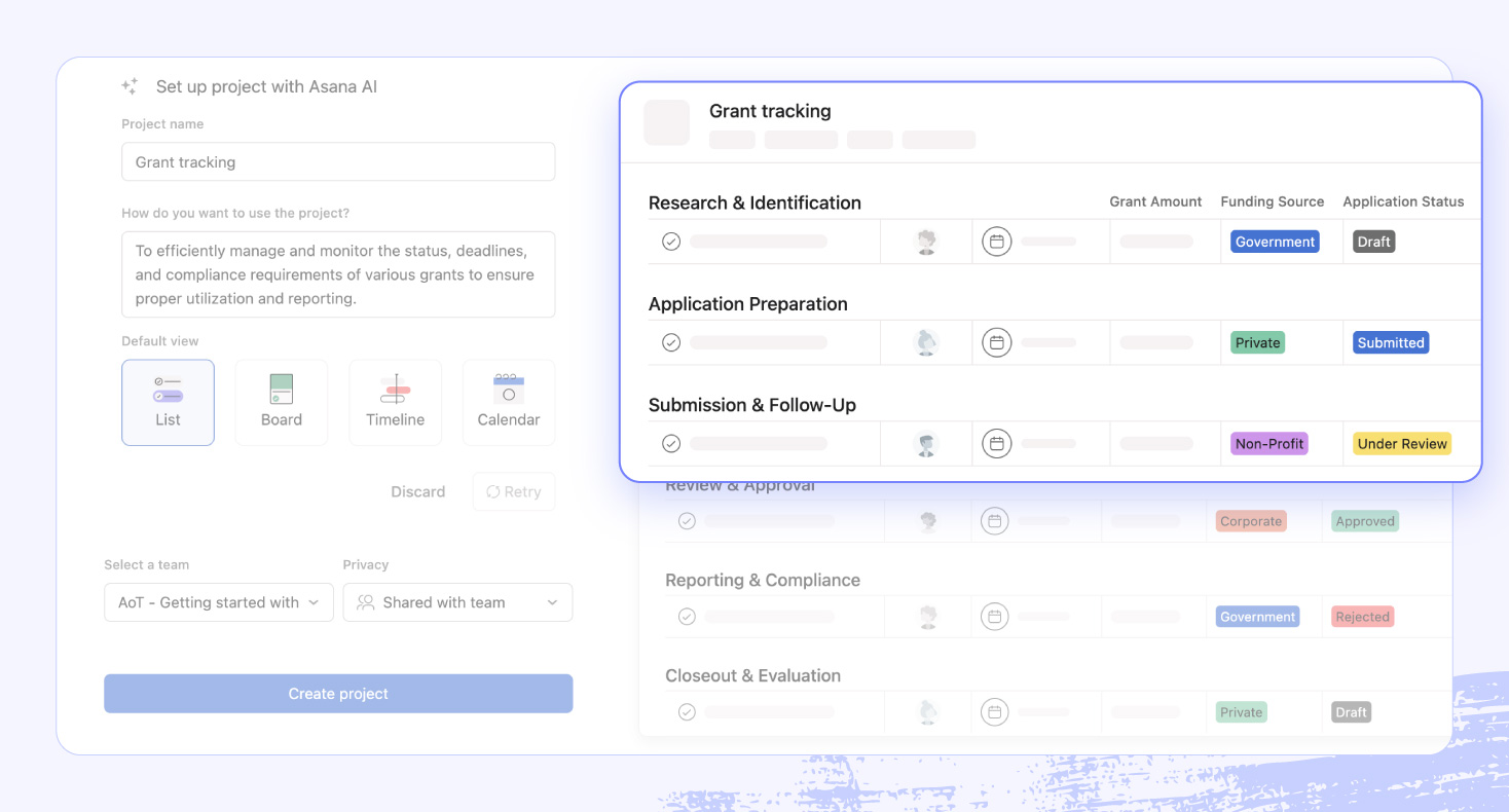 A screenshot of the Asana platform highlighting grant tracking features for nonprofits.