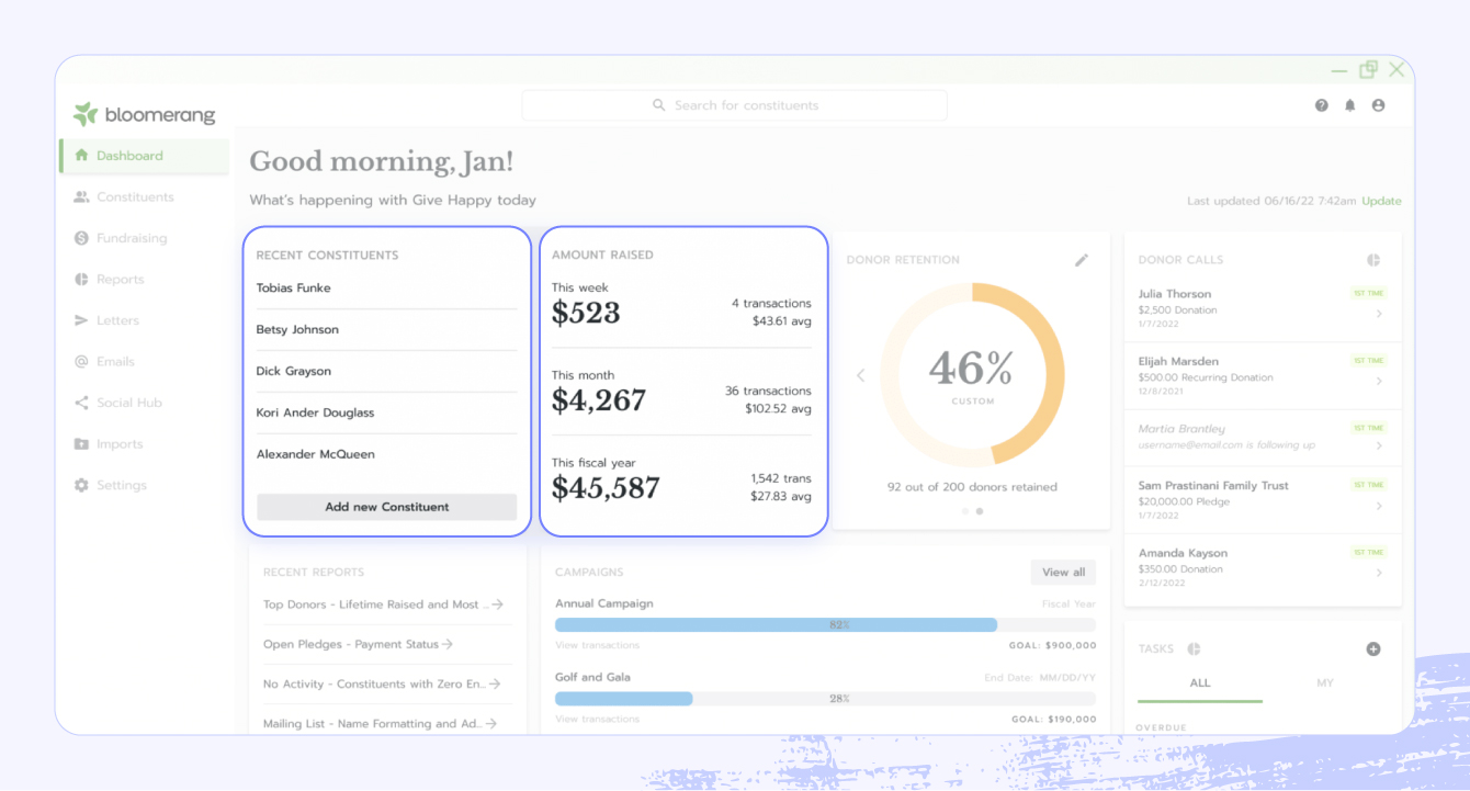 A screenshot of Bloomerang software highlighting fundraising features.