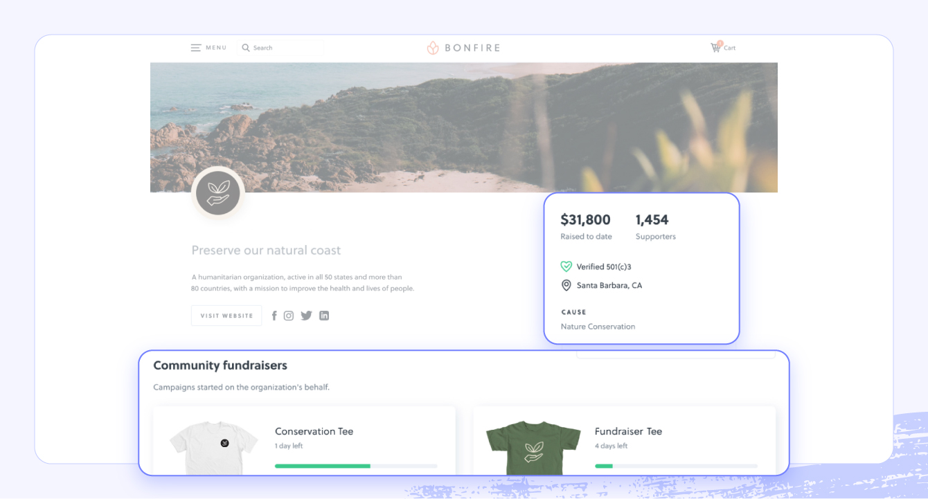 A screenshot of the Bonfire software highlighting merchandise-related fundraising features.
