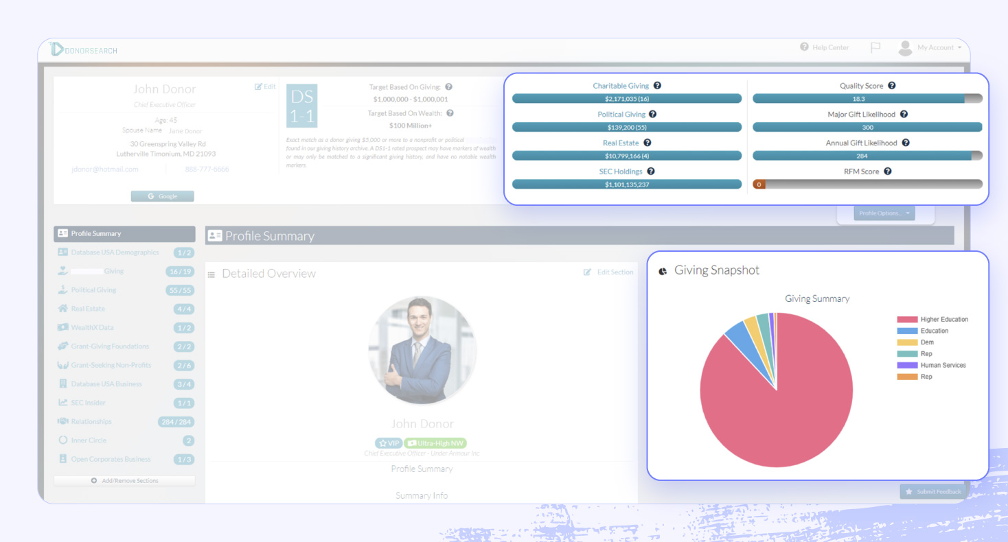 A screenshot of DonorSearch highlighting donor management tools.