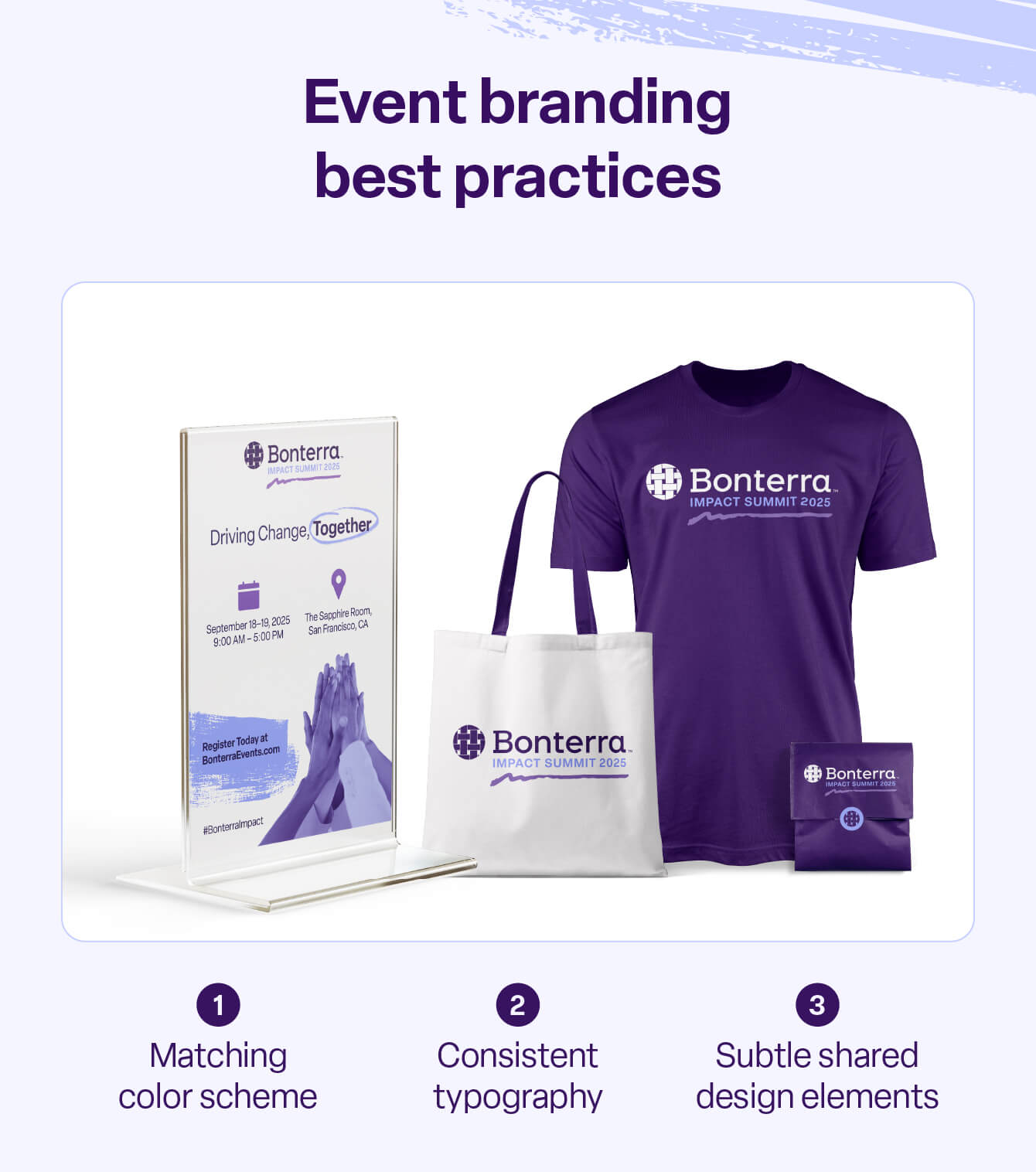 A mockup of cohesive Bonterra event branding mockup with flyer, social post, and t-shirt in purple, showing event details and hashtag.