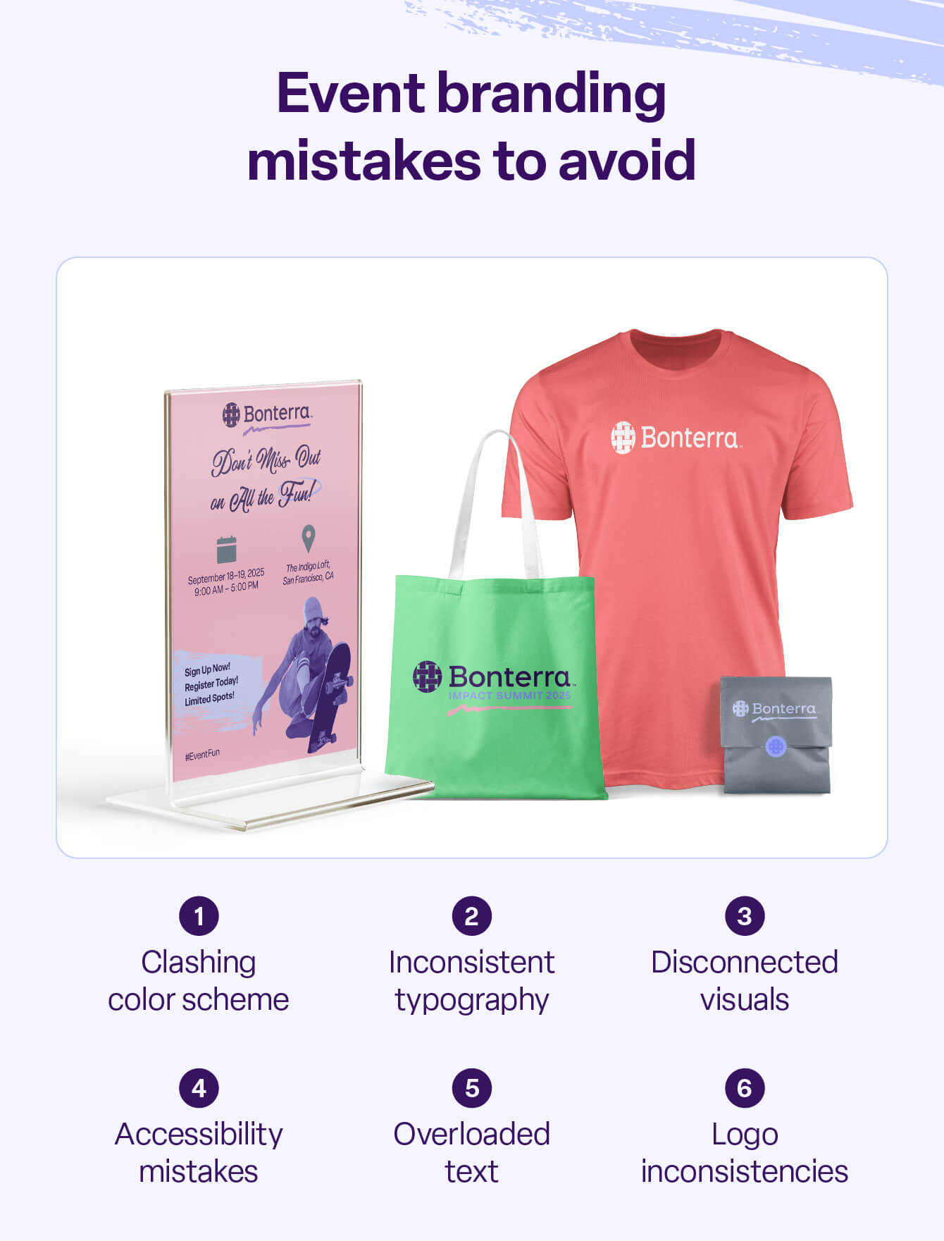 A mockup of bad event branding with features like clashing colors and inconsistent fonts.