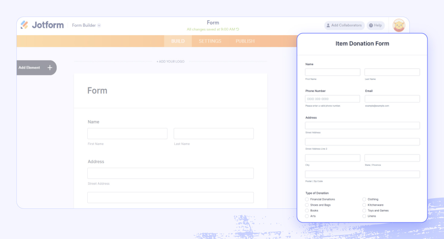 Jotform’s form creation features with an example of a donation form.