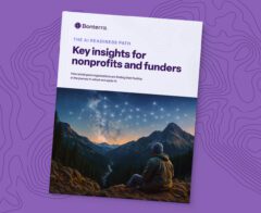 A Bonterra-branded report cover titled “The AI Readiness Path: Key insights for nonprofits and funders.” The subtitle reads, “How social good organizations are finding their footing in the journey to adopt and apply AI.” The cover image shows silhouettes of four hikers helping each other climb a rocky hill at sunset, symbolizing collaboration, support, and progress. The background features a purple topographic map design.