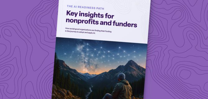 A Bonterra-branded report cover titled “The AI Readiness Path: Key insights for nonprofits and funders.” The subtitle reads, “How social good organizations are finding their footing in the journey to adopt and apply AI.” The cover image shows silhouettes of four hikers helping each other climb a rocky hill at sunset, symbolizing collaboration, support, and progress. The background features a purple topographic map design.