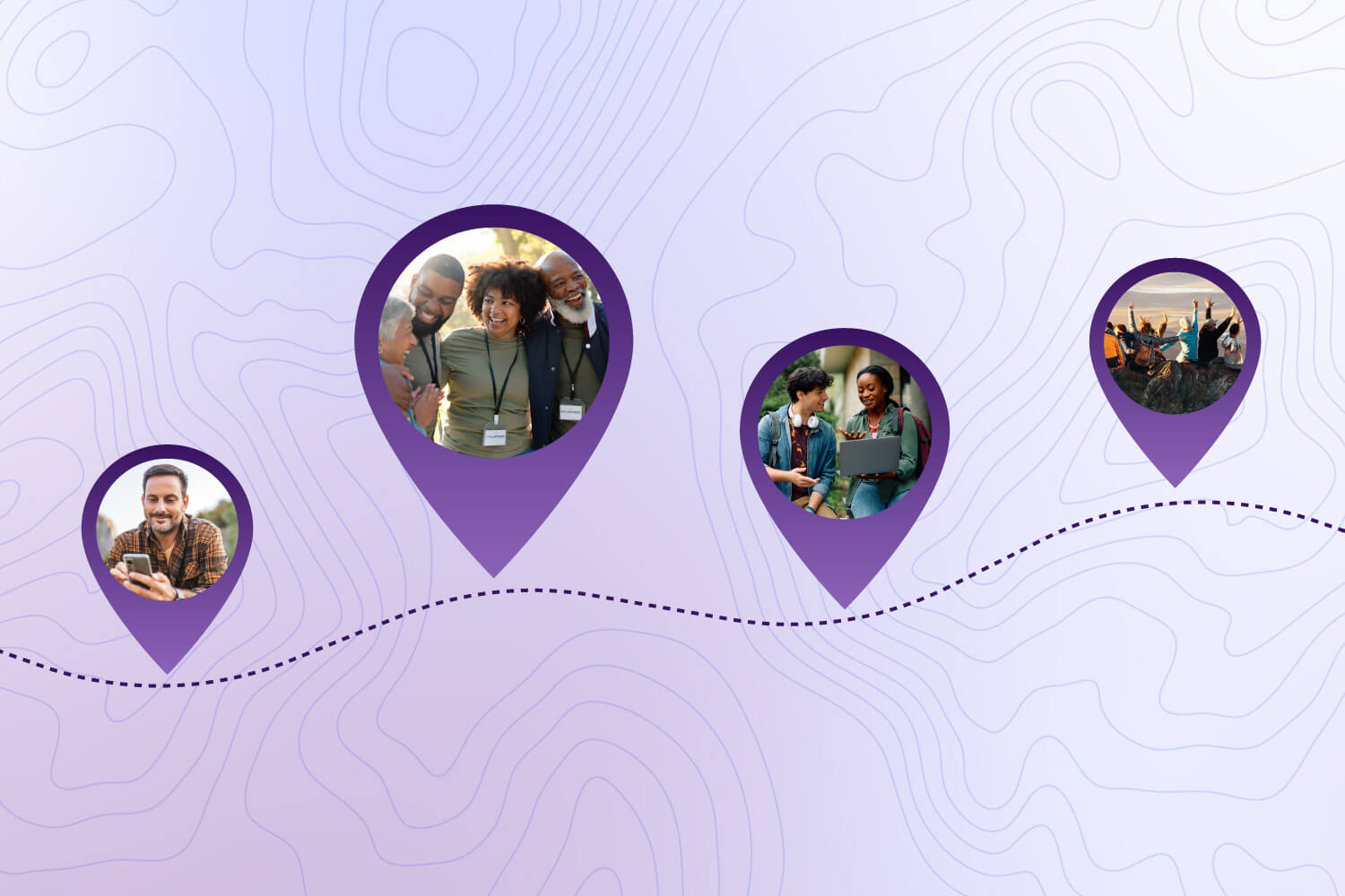 A stylized illustration with a soft purple topographic map background. Four circular photo markers are arranged along a dotted path, symbolizing progress or a journey. Each marker contains an image: a man looking at his phone, a group of colleagues smiling together outdoors, two people collaborating on a laptop, and a group celebrating with arms raised at sunset. The design represents the stages of AI readiness and connection within organizations.