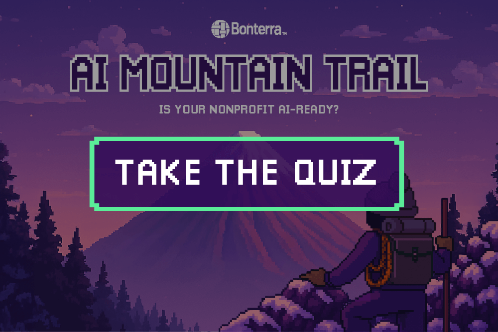 A pixel art-style illustration featuring a hiker standing on a snowy mountain ridge at dusk, gazing toward a distant peak under a purple sky. Large text at the top reads “AI MOUNTAIN TRAIL” with the subtitle “Is your nonprofit AI-ready?” Below, a glowing button with bold text says “TAKE THE QUIZ.” The Bonterra logo appears above the title, and the overall design conveys adventure, discovery, and readiness for AI transformation.