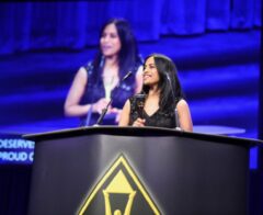 Tanuja Korlepra, Bonterra Chief Technology Officer, accepts the Gold Stevie Award at the 2025 Women in Business Awards Gala in New York City on November 10, 2025.