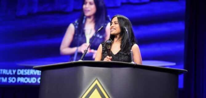 Tanuja Korlepra, Bonterra Chief Technology Officer, accepts the Gold Stevie Award at the 2025 Women in Business Awards Gala in New York City on November 10, 2025.