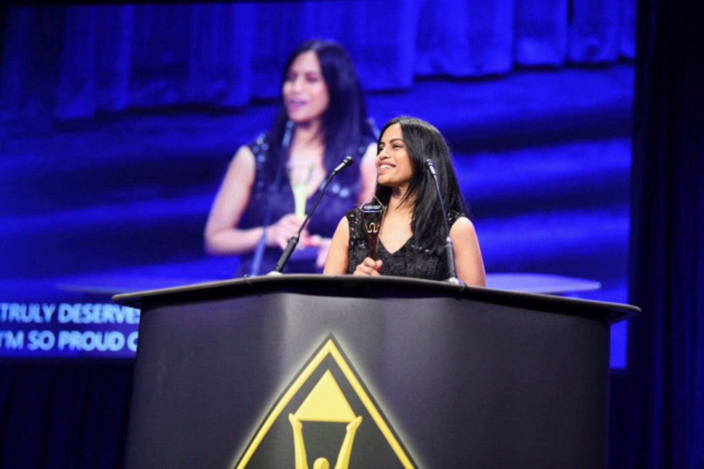 Tanuja Korlepra, Bonterra Chief Technology Officer, accepts the Gold Stevie Award at the 2025 Women in Business Awards Gala in New York City on November 10, 2025.