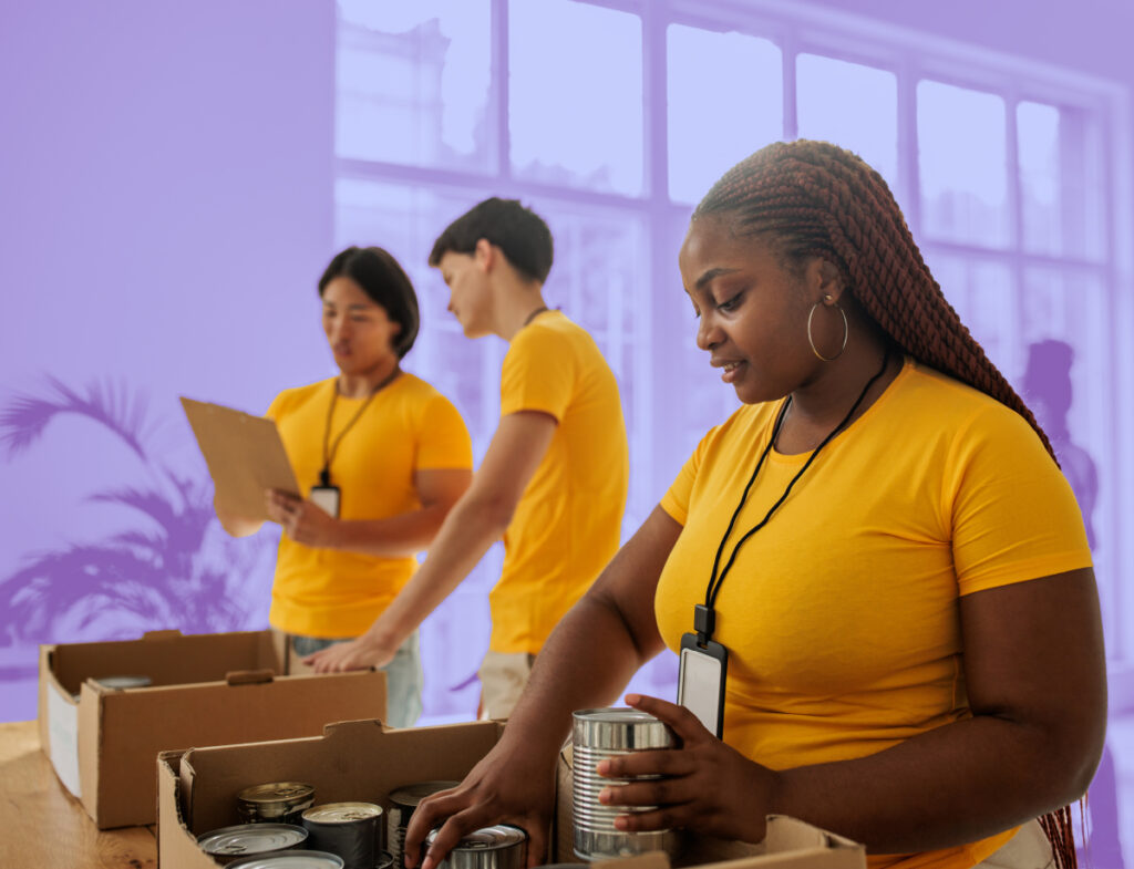 A group of employees participating in corporate philanthropy.