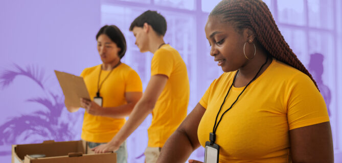 A group of employees participating in corporate philanthropy.