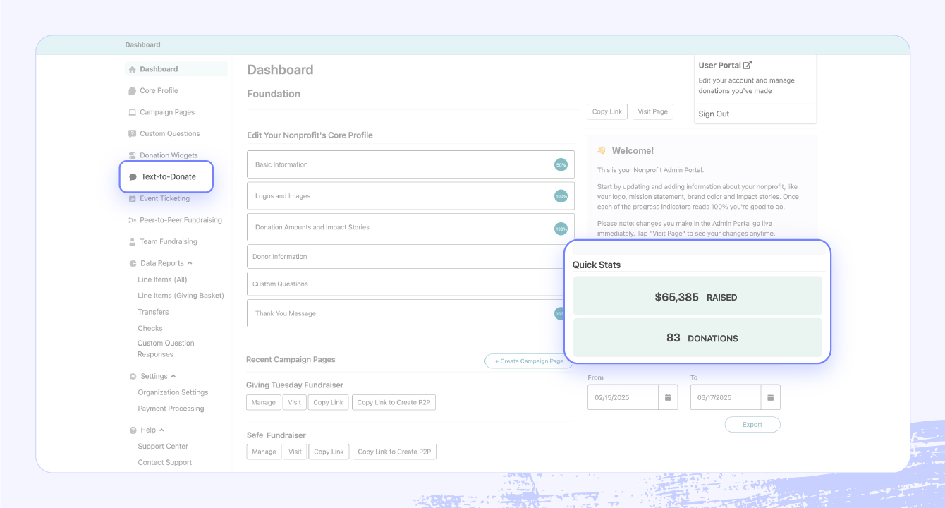 A screenshot of the Give Lively user interface highlighting donation tracking and text-to-give features.